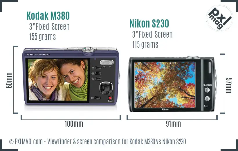 Kodak M380 vs Nikon S230 Screen and Viewfinder comparison