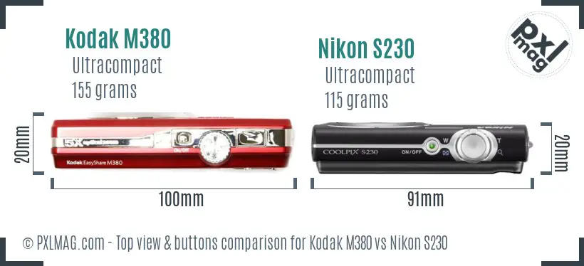 Kodak M380 vs Nikon S230 top view buttons comparison