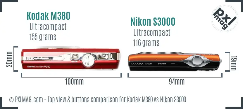 Kodak M380 vs Nikon S3000 top view buttons comparison