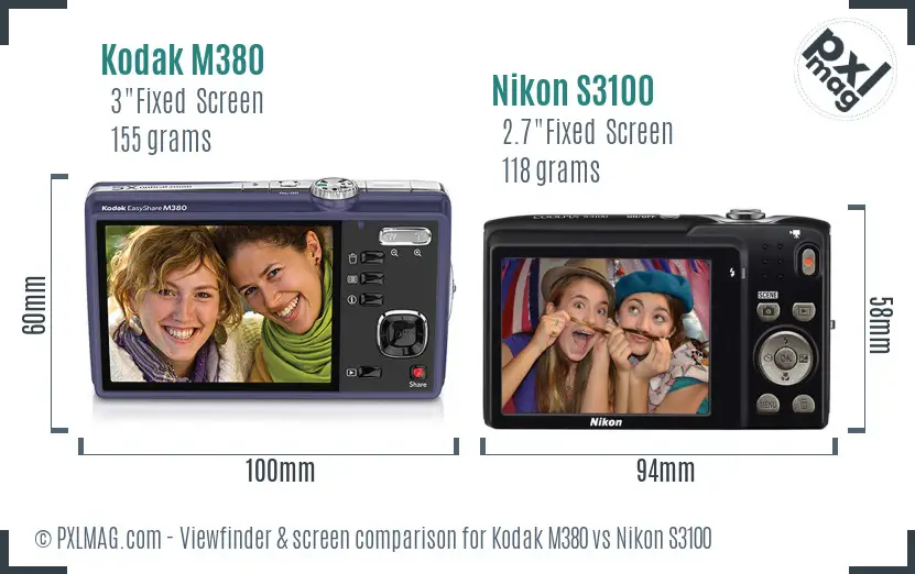 Kodak M380 vs Nikon S3100 Screen and Viewfinder comparison