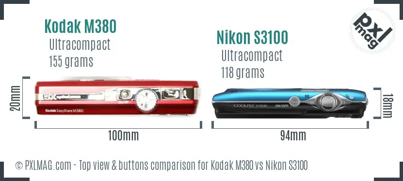 Kodak M380 vs Nikon S3100 top view buttons comparison