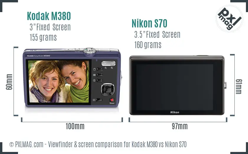 Kodak M380 vs Nikon S70 Screen and Viewfinder comparison