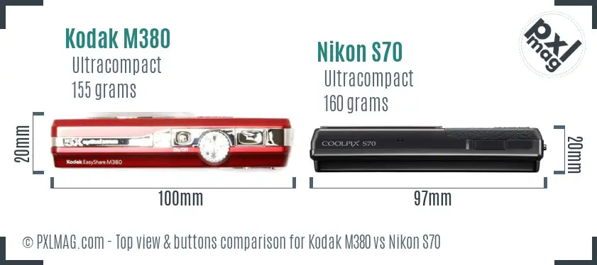 Kodak M380 vs Nikon S70 top view buttons comparison