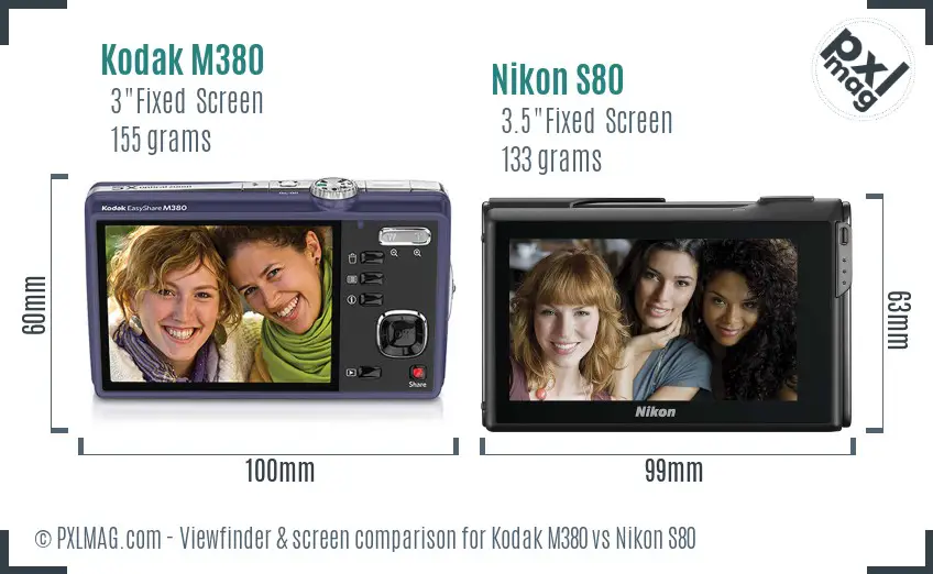 Kodak M380 vs Nikon S80 Screen and Viewfinder comparison