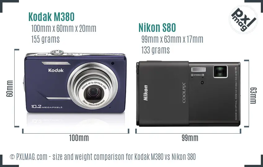 Kodak M380 vs Nikon S80 size comparison