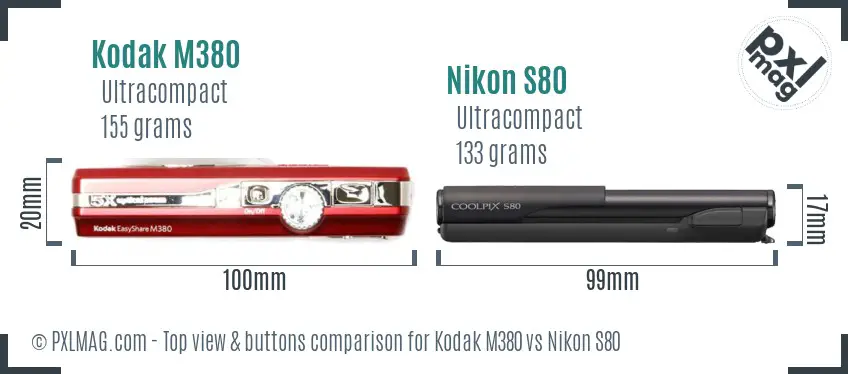 Kodak M380 vs Nikon S80 top view buttons comparison