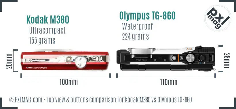 Kodak M380 vs Olympus TG-860 top view buttons comparison Kodak M380 vs Olympus TG-860 top view buttons comparison