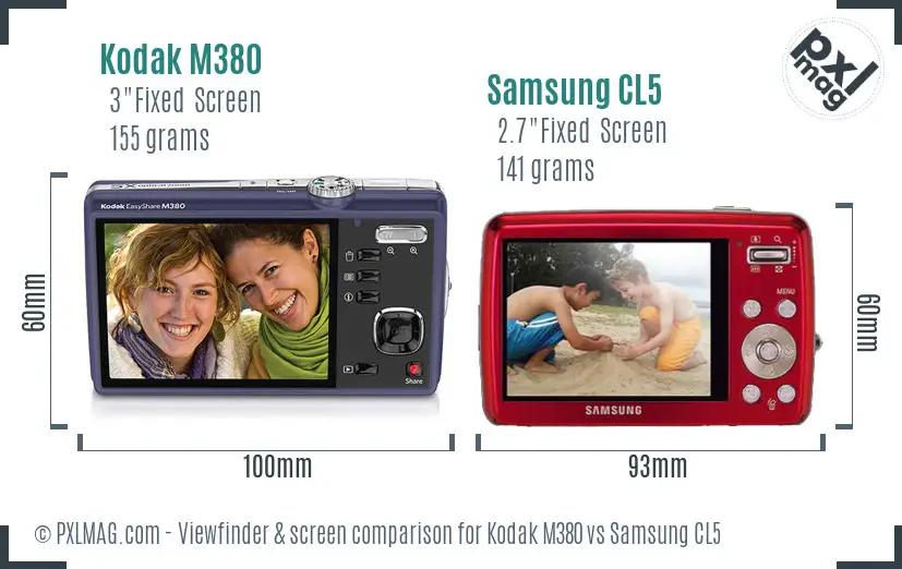 Kodak M380 vs Samsung CL5 Screen and Viewfinder comparison