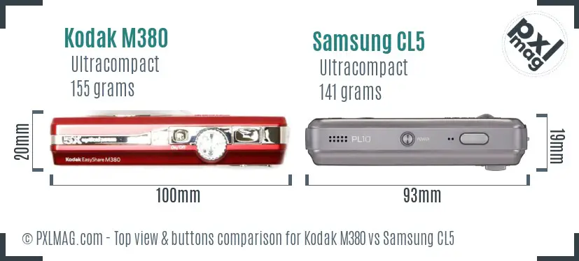 Kodak M380 vs Samsung CL5 top view buttons comparison