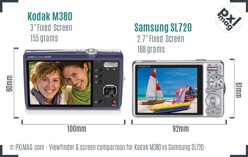 Kodak M380 vs Samsung SL720 Screen and Viewfinder comparison