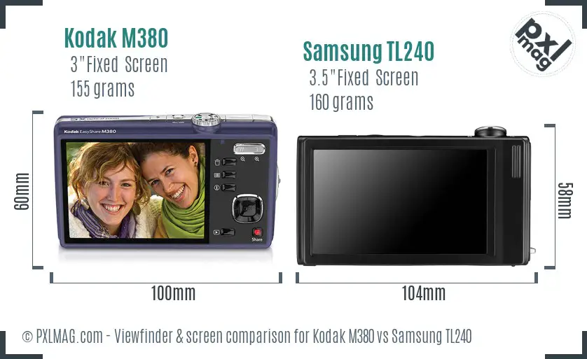 Kodak M380 vs Samsung TL240 Screen and Viewfinder comparison