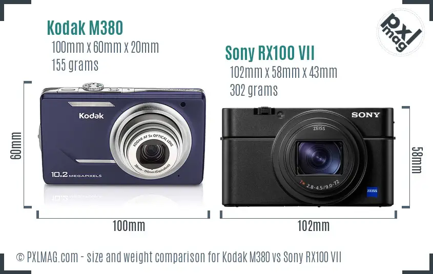 Kodak M380 vs Sony RX100 VII size comparison