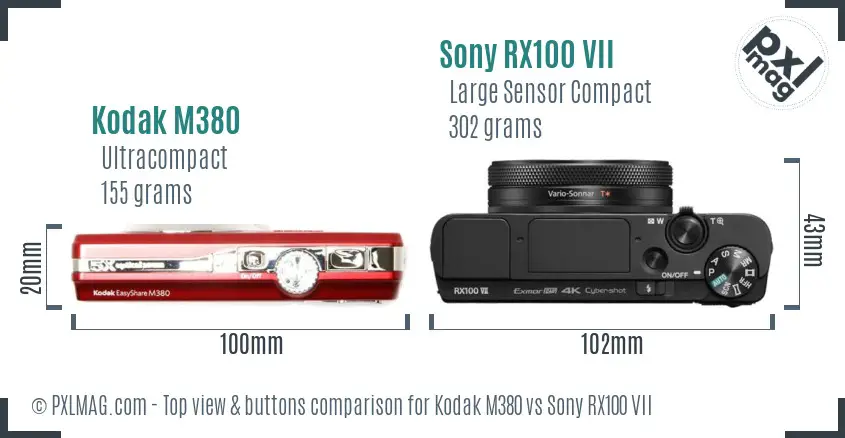 Kodak M380 vs Sony RX100 VII top view buttons comparison