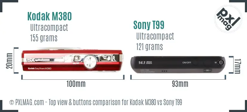 Kodak M380 vs Sony T99 top view buttons comparison