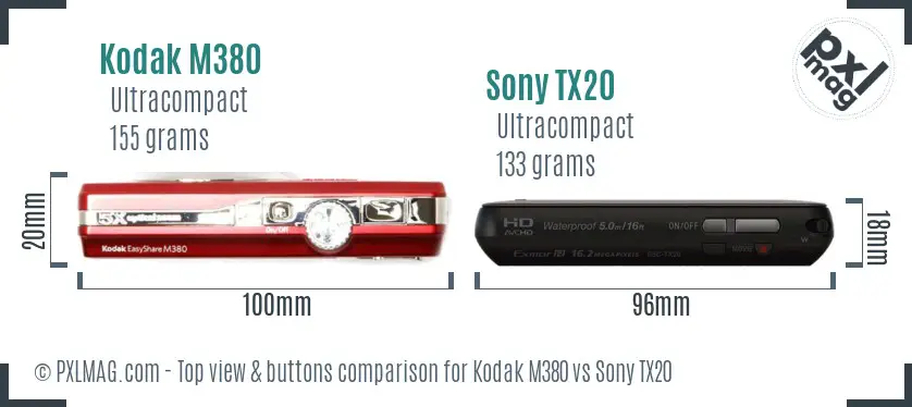 Kodak M380 vs Sony TX20 top view buttons comparison
