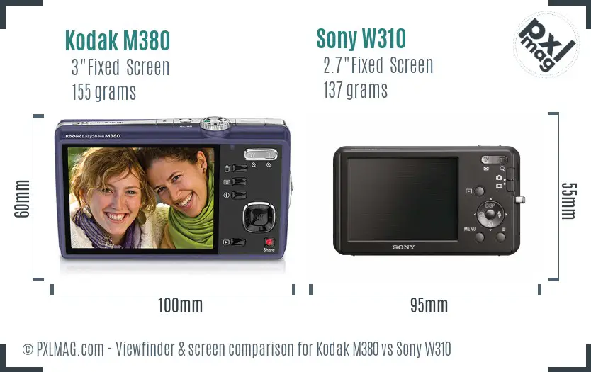 Kodak M380 vs Sony W310 Screen and Viewfinder comparison