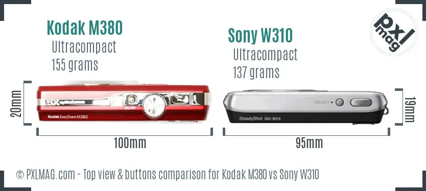 Kodak M380 vs Sony W310 top view buttons comparison