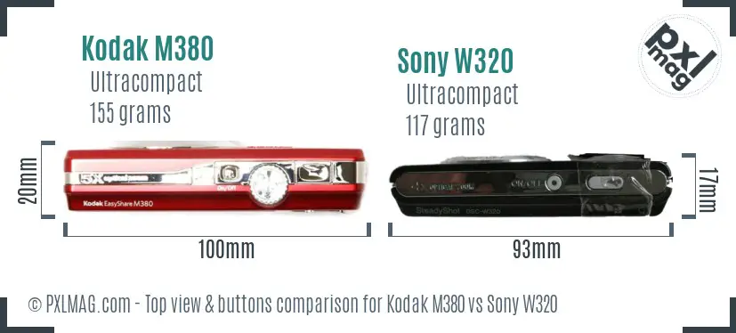 Kodak M380 vs Sony W320 top view buttons comparison