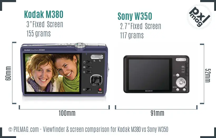 Kodak M380 vs Sony W350 Screen and Viewfinder comparison