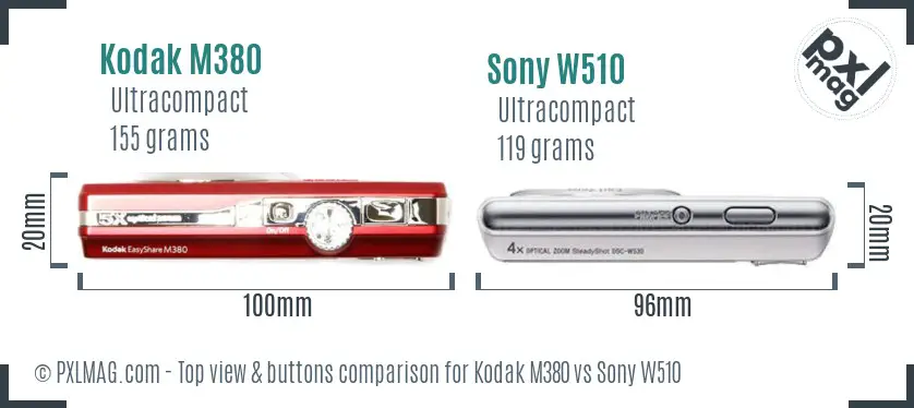 Kodak M380 vs Sony W510 top view buttons comparison