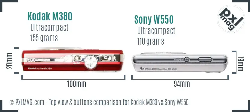 Kodak M380 vs Sony W550 top view buttons comparison Kodak M380 vs Sony W550 top view buttons comparison