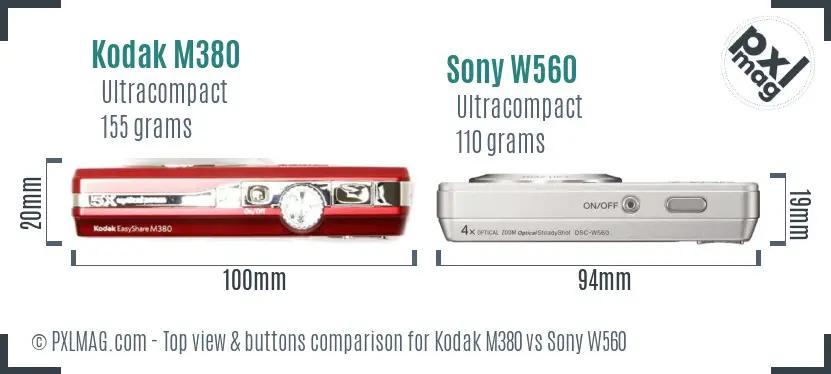 Kodak M380 vs Sony W560 top view buttons comparison