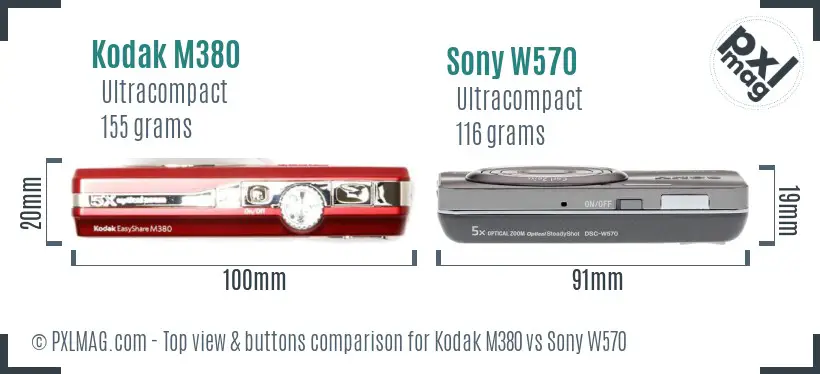 Kodak M380 vs Sony W570 top view buttons comparison