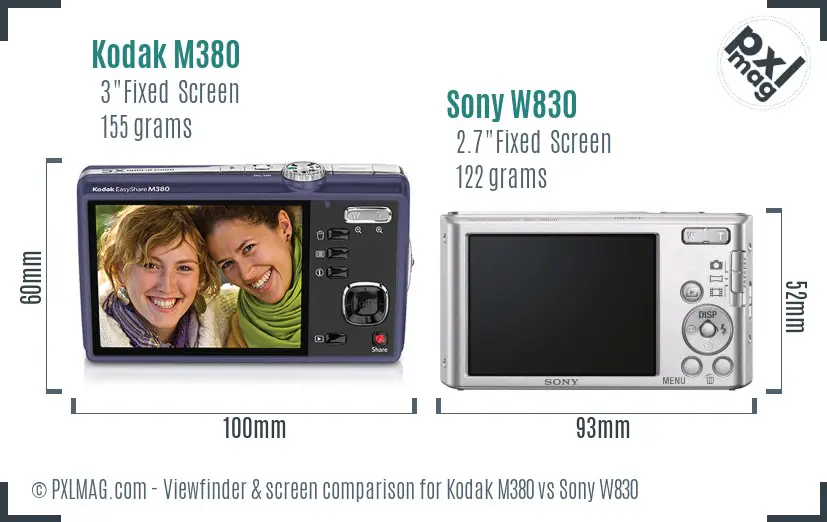 Kodak M380 vs Sony W830 Screen and Viewfinder comparison
