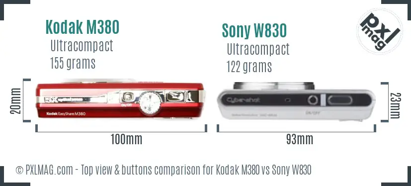 Kodak M380 vs Sony W830 top view buttons comparison