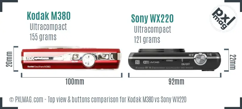 Kodak M380 vs Sony WX220 top view buttons comparison