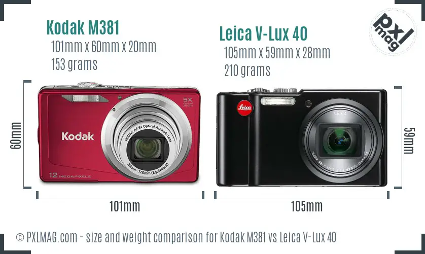 Kodak M381 vs Leica V-Lux 40 size comparison