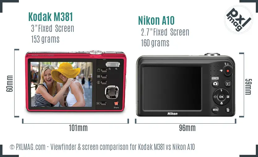 Kodak M381 vs Nikon A10 Screen and Viewfinder comparison