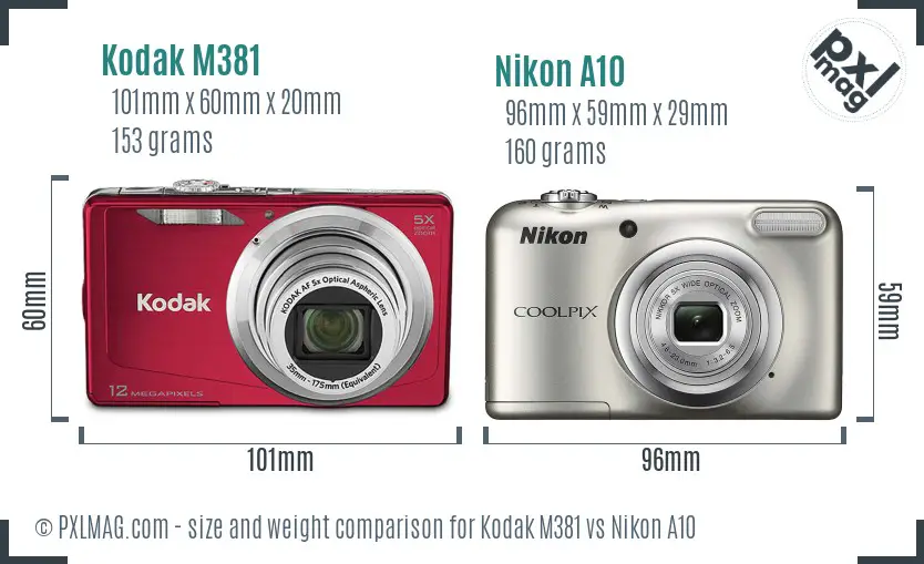 Kodak M381 vs Nikon A10 size comparison
