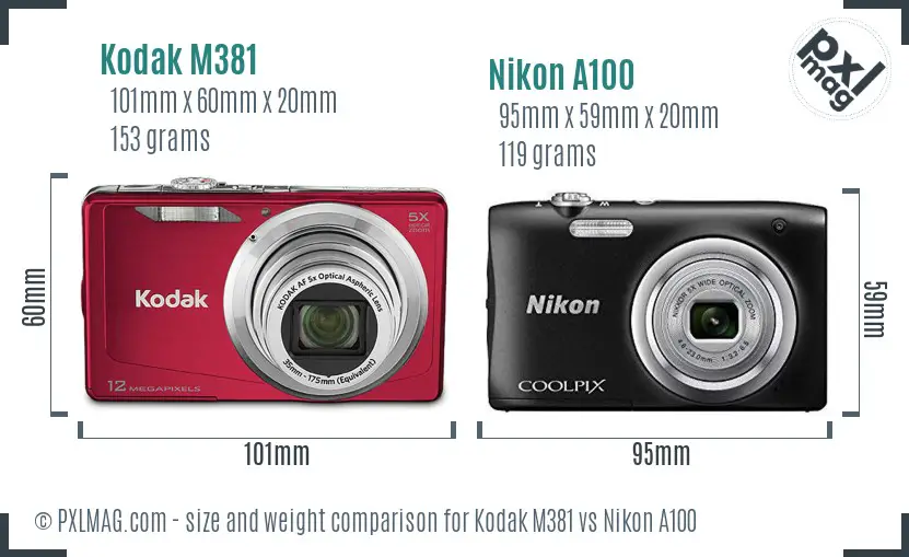 Kodak M381 vs Nikon A100 size comparison