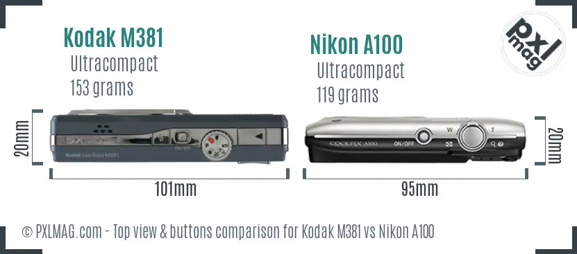 Kodak M381 vs Nikon A100 top view buttons comparison