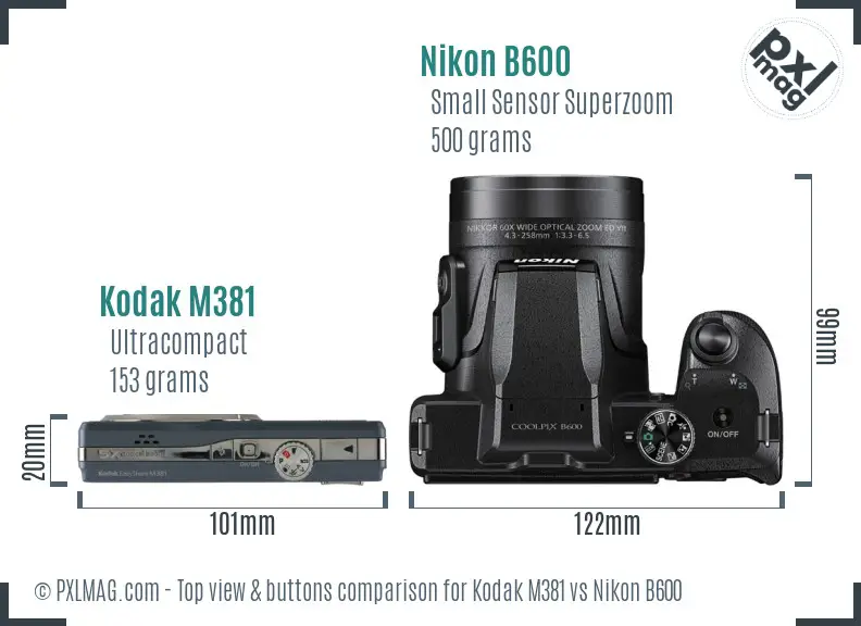 Kodak M381 vs Nikon B600 top view buttons comparison