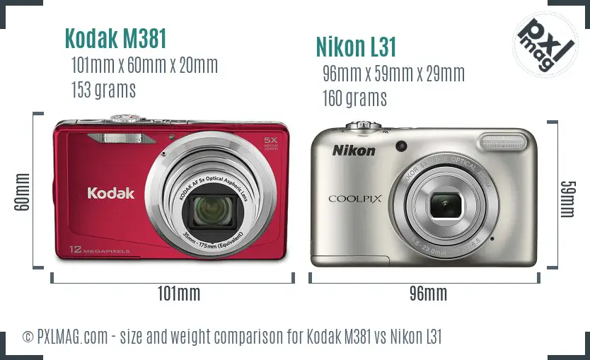 Kodak M381 vs Nikon L31 size comparison