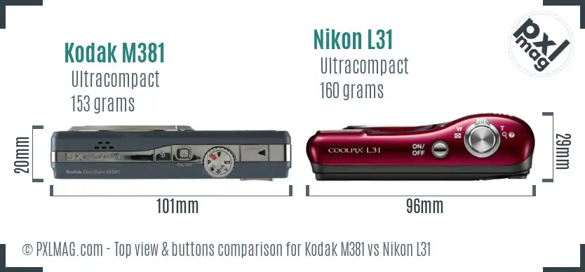 Kodak M381 vs Nikon L31 top view buttons comparison