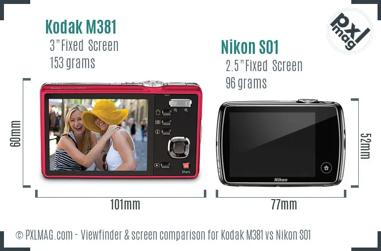 Kodak M381 vs Nikon S01 Screen and Viewfinder comparison