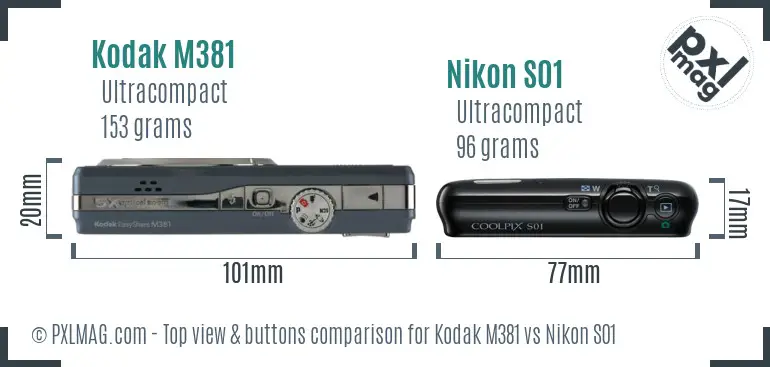 Kodak M381 vs Nikon S01 top view buttons comparison