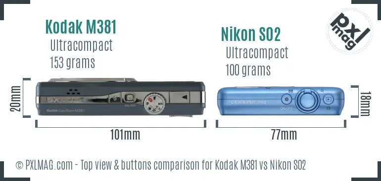 Kodak M381 vs Nikon S02 top view buttons comparison