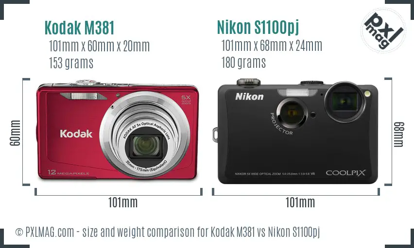 Kodak M381 vs Nikon S1100pj size comparison