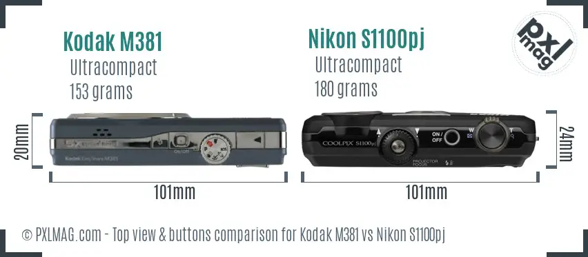 Kodak M381 vs Nikon S1100pj top view buttons comparison