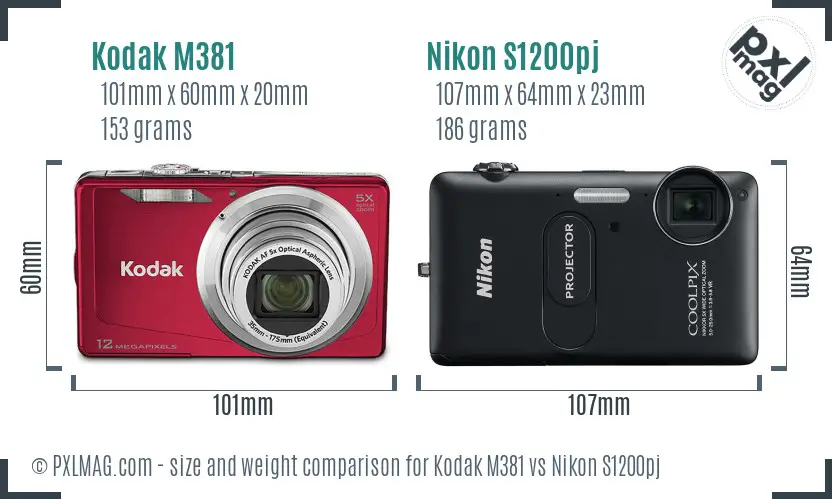 Kodak M381 vs Nikon S1200pj size comparison Kodak M381 vs Nikon S1200pj size comparison