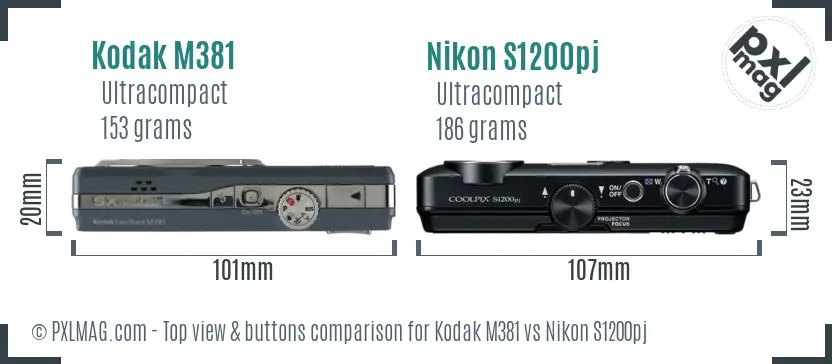 Kodak M381 vs Nikon S1200pj top view buttons comparison Kodak M381 vs Nikon S1200pj top view buttons comparison