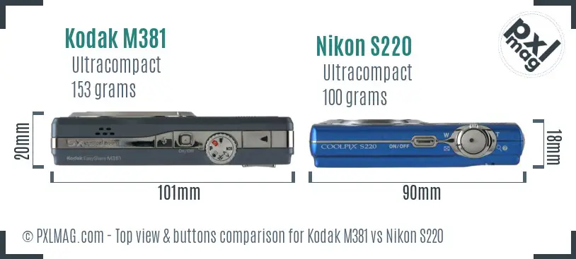 Kodak M381 vs Nikon S220 top view buttons comparison