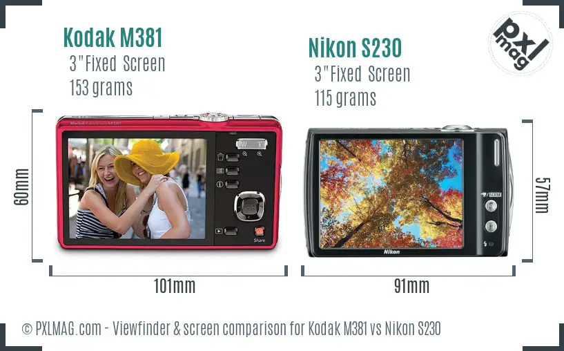 Kodak M381 vs Nikon S230 Screen and Viewfinder comparison