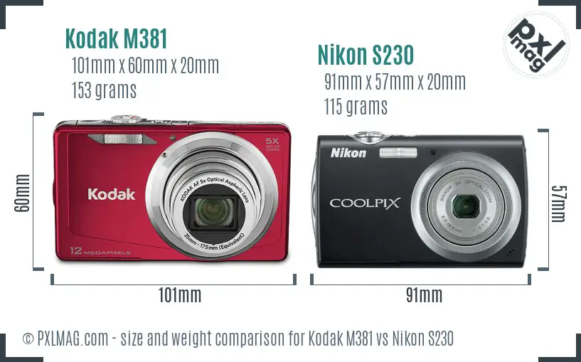 Kodak M381 vs Nikon S230 size comparison