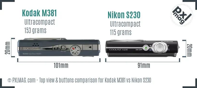 Kodak M381 vs Nikon S230 top view buttons comparison