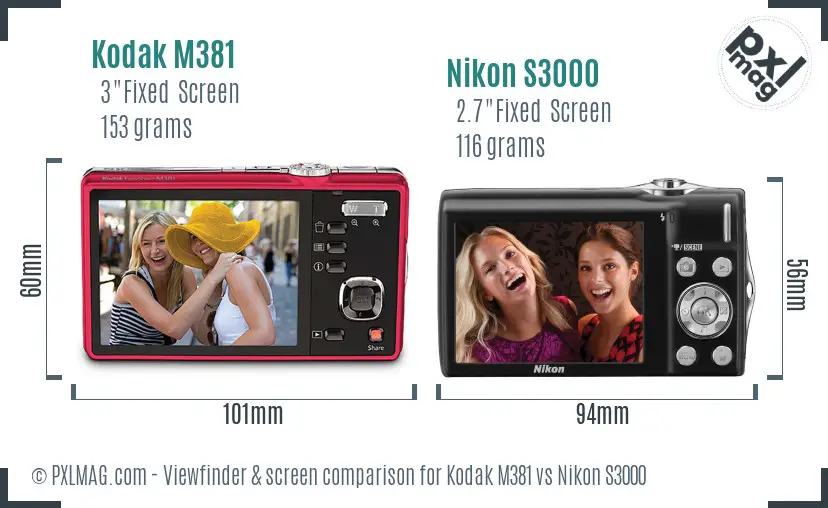 Kodak M381 vs Nikon S3000 Screen and Viewfinder comparison
